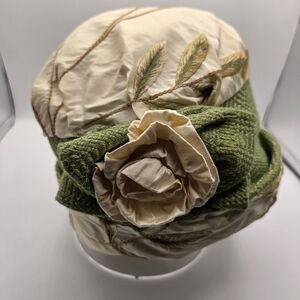 Maggie Mae Adjustable Elegant Cream Green Satin Floral Applique Hat